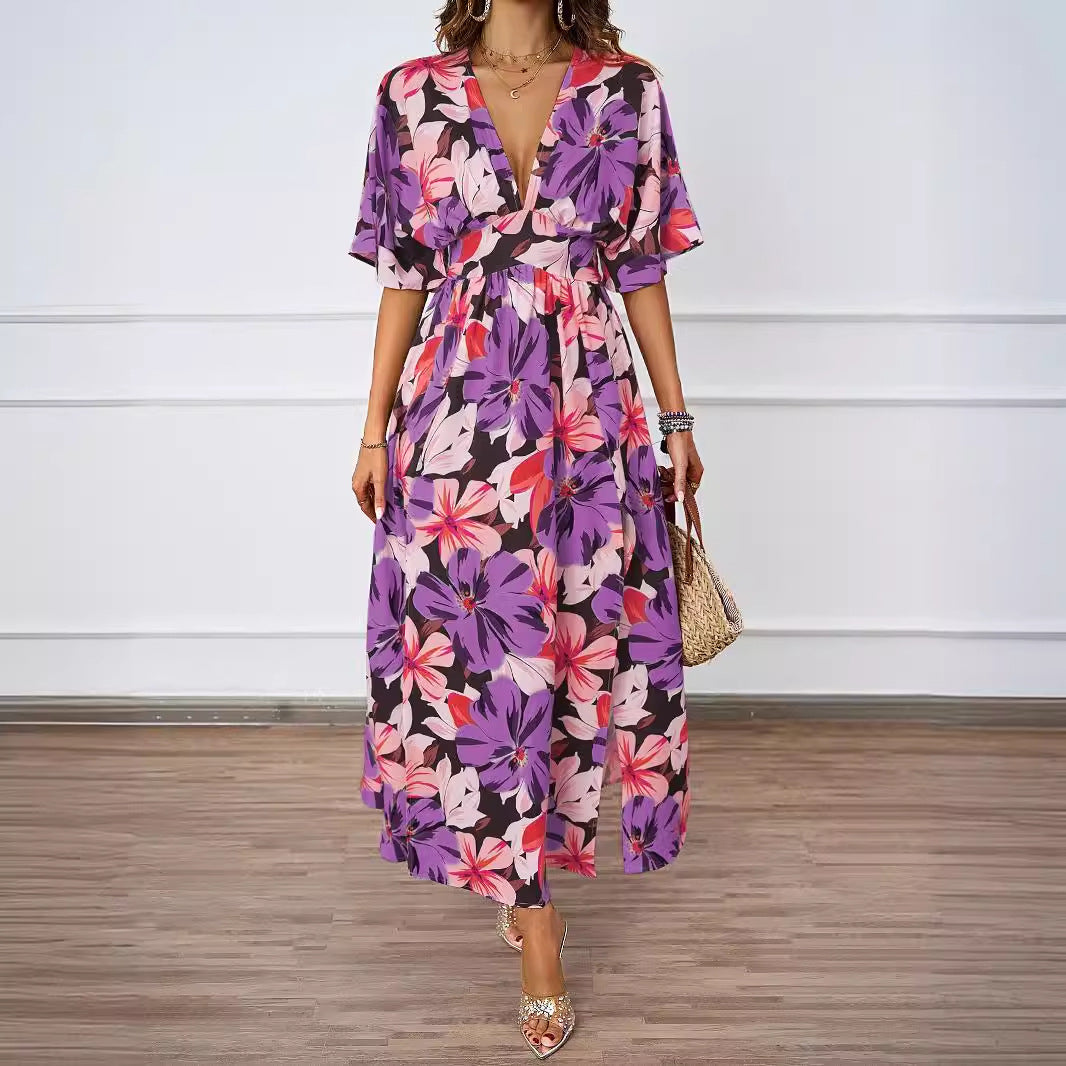 Summer Floral Print Maxi Dress Elastic Band Waist Tight Big V neck Short Sleeve Dress for Women