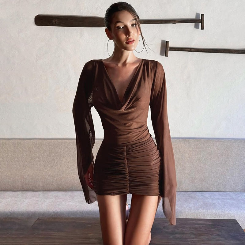 Summer Women Sexy Swing Collar Asymmetric Mesh Pleats Hip Dress