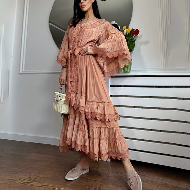 Vestido largo asimétrico irregular bohemio con escote en V y mangas acampanadas, bordado a máquina, para mujer, verano