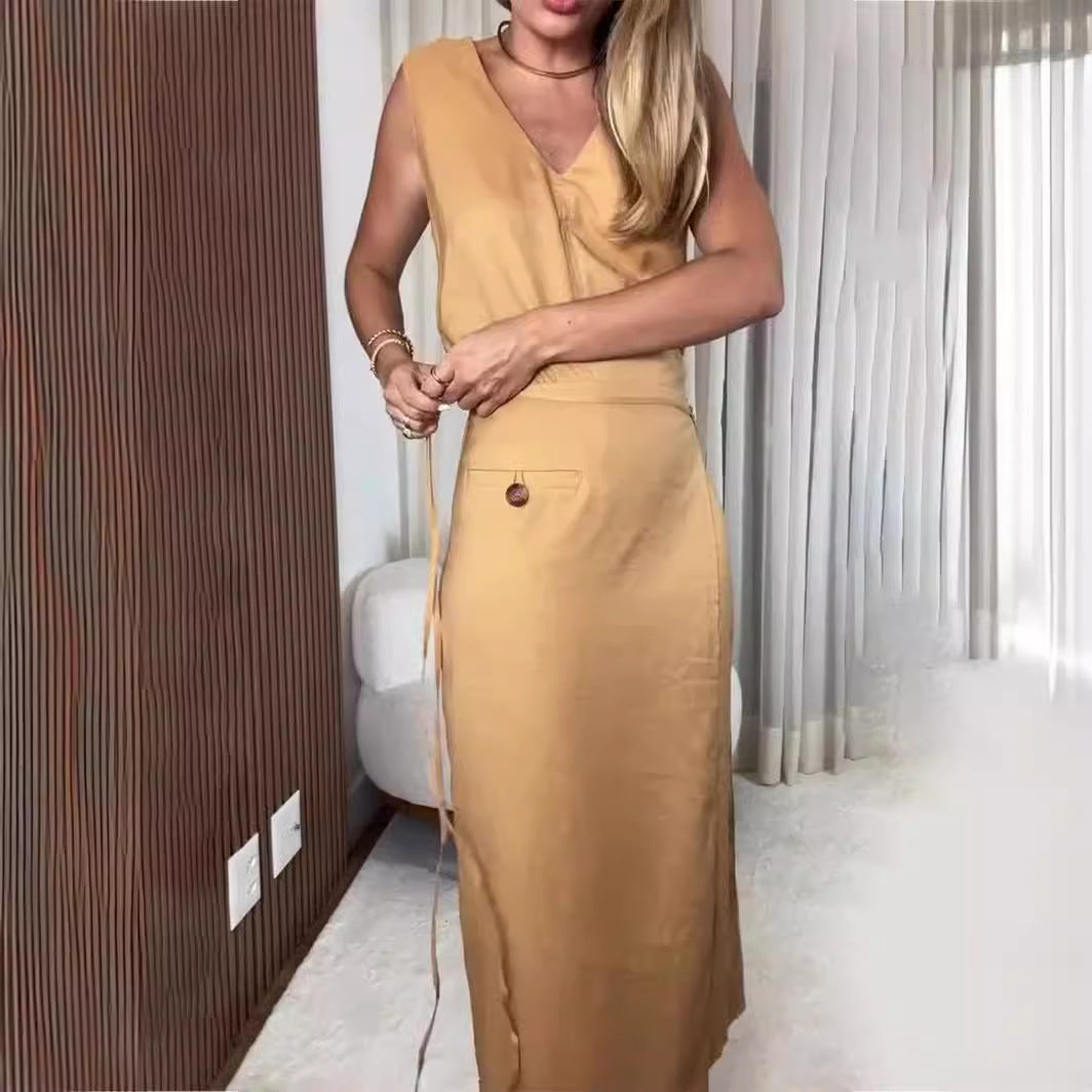 V Neck Sleeveless Irregular Asymmetric Lace Up Slim Dress Faux Two Piece Split Women Clothing