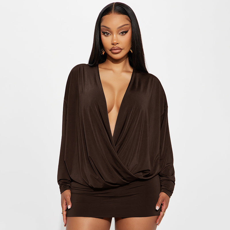 Women Clothing Autumn Solid Color Loose Sexy Batwing Long Sleeve Deep V Plunge Sheath Short Dress