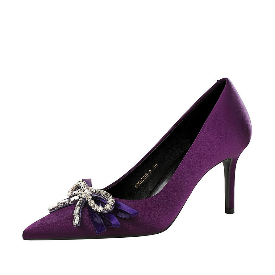 French Elegant Beautiful Rhinestone Ribbon Bow Slip on Satin Stiletto High Heel Shoes Women