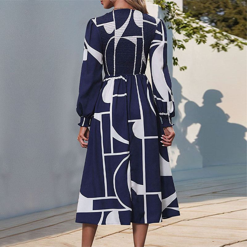 Robe imprimée à manches longues et smocks pour femme, collection automne-hiver