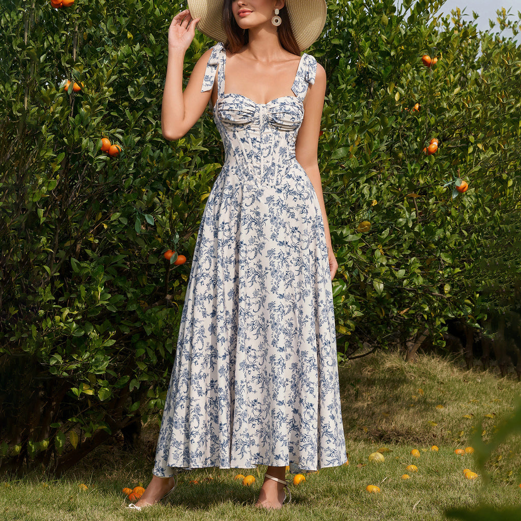 Summer Four Sided Stretch Printing Slip Dress Dignified Goddess Backless Waist Trimming Lace up Boning Corset Dress