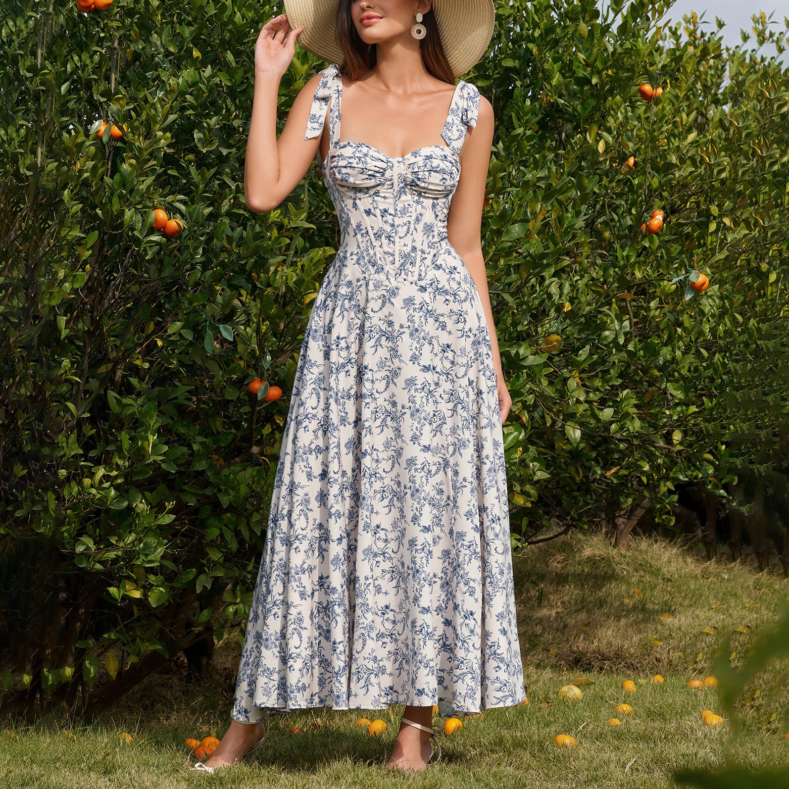 Summer Four Sided Stretch Printing Slip Dress Dignified Goddess Backless Waist Trimming Lace up Boning Corset Dress