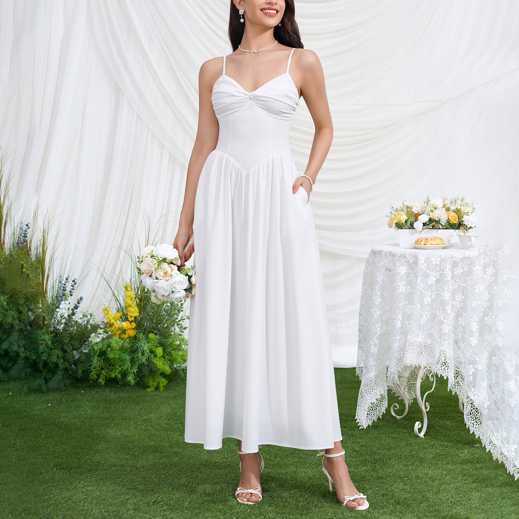 Women Sexy V neck Backless Waist Trimming Slimming Smocking Dress