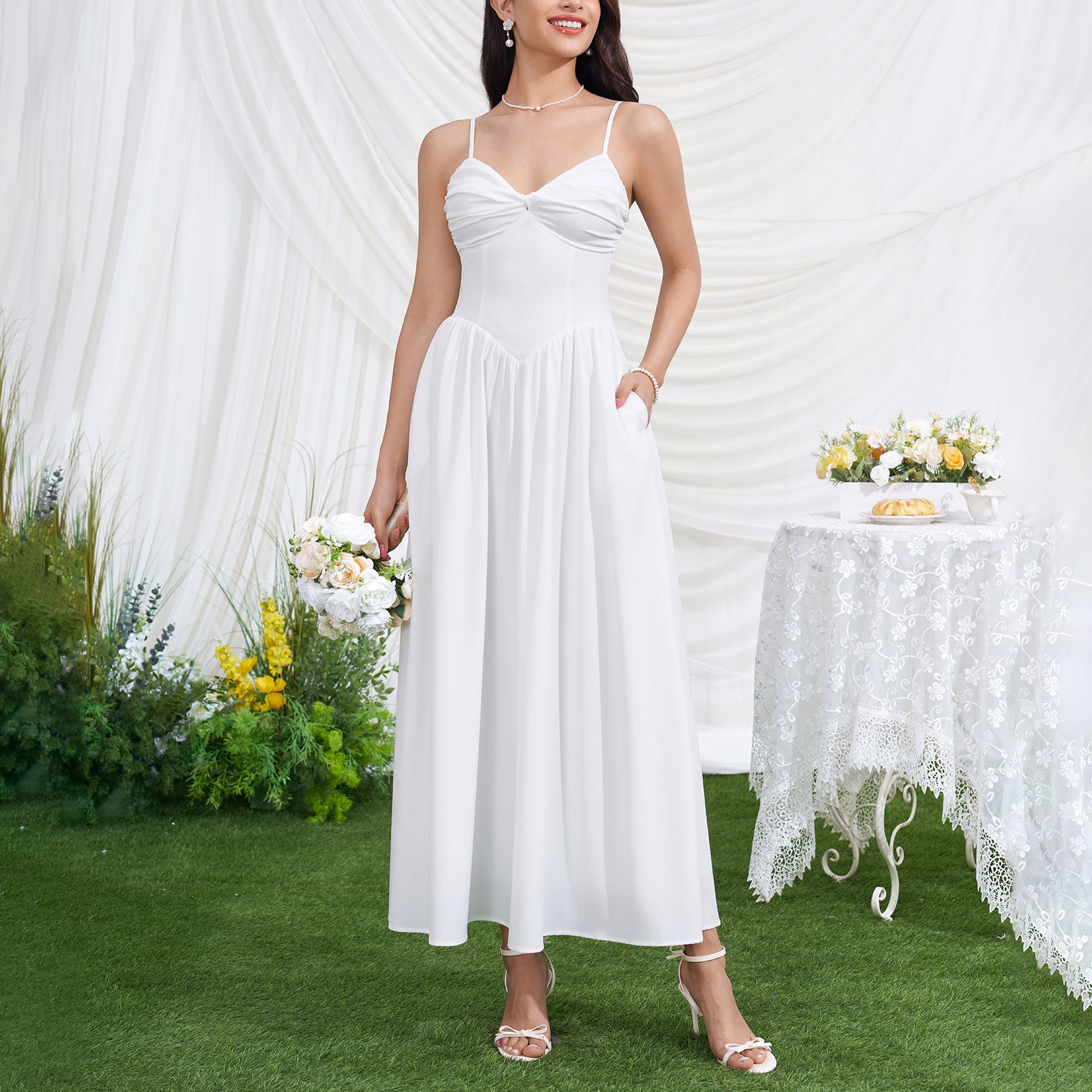 Women Sexy V neck Backless Waist Trimming Slimming Smocking Dress