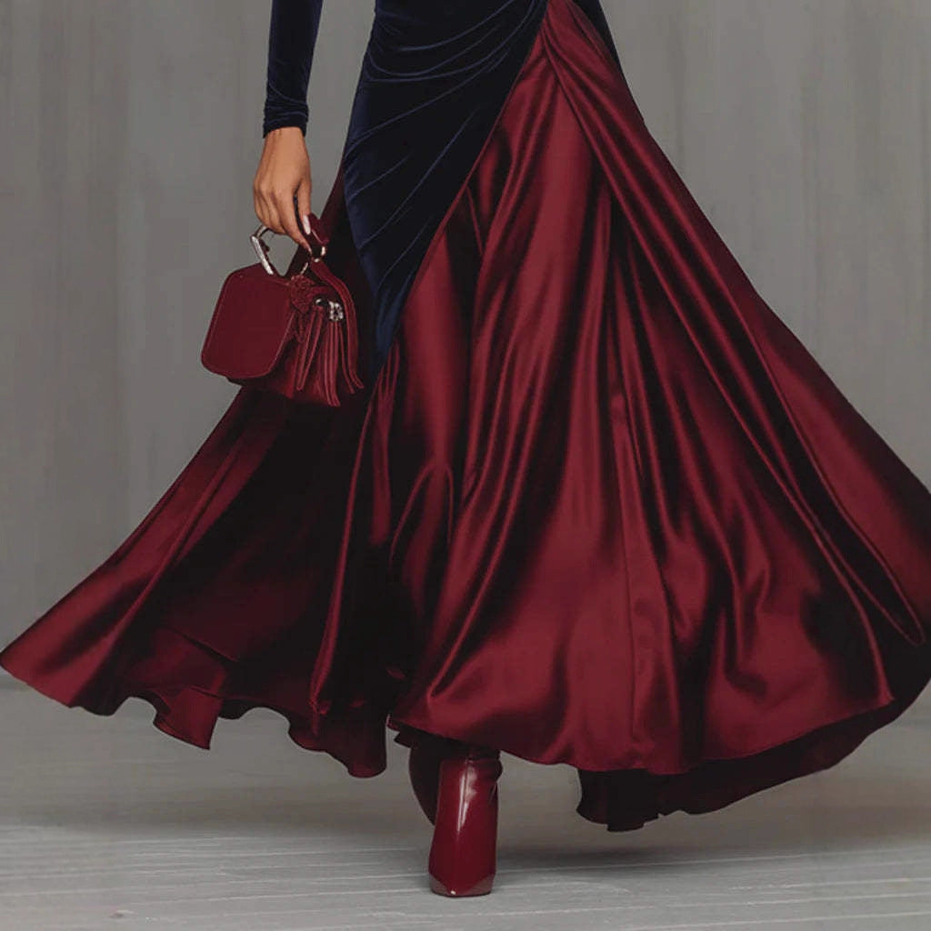 Vestido elegante de primavera con cuello alto, costuras de terciopelo y dobladillo grande tipo paraguas.