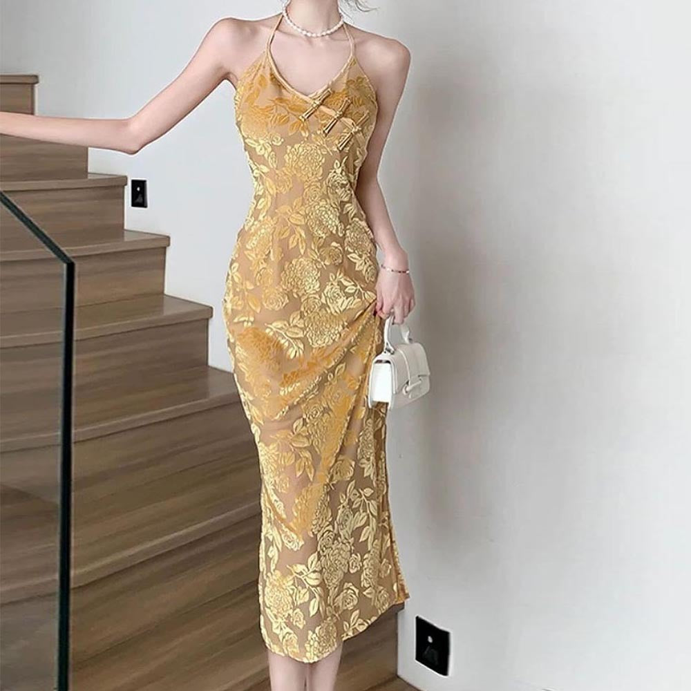 Women Clothing Spring Floral Halter Backless Office Midi Dress