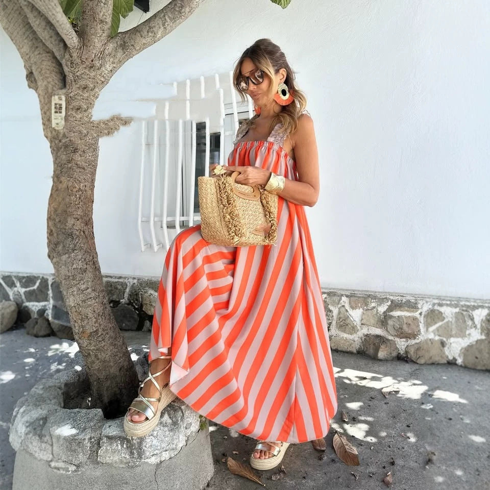 Striped Print Loose A Hem Color Matching Sling Maxi Dress