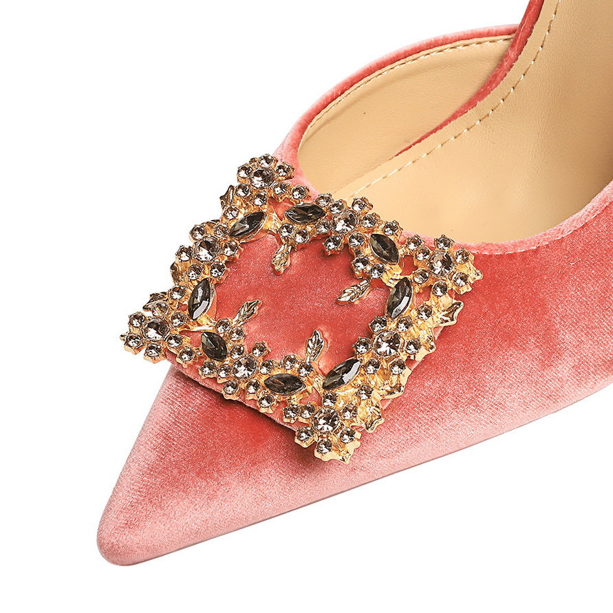Korean Suede Side Empty Shoes Women Super High Heel Sexy Pointed Toe Rhinestone Square Buckle Stiletto Women Shoes