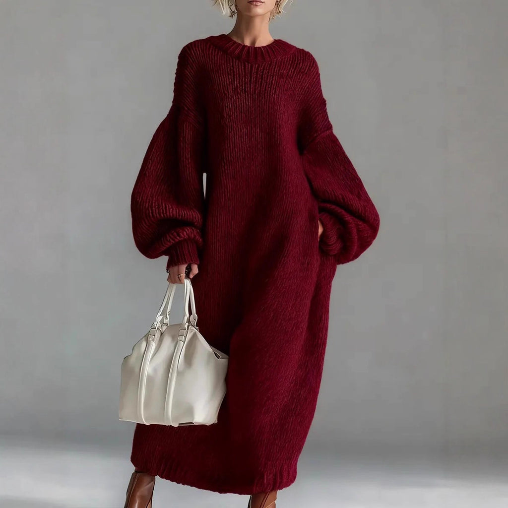 Vestido de punto largo de cuello redondo, manga farol suelta, para mujer