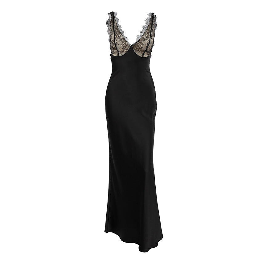 Robe longue d'été sexy en satin à col en V avec dentelle pour femme
