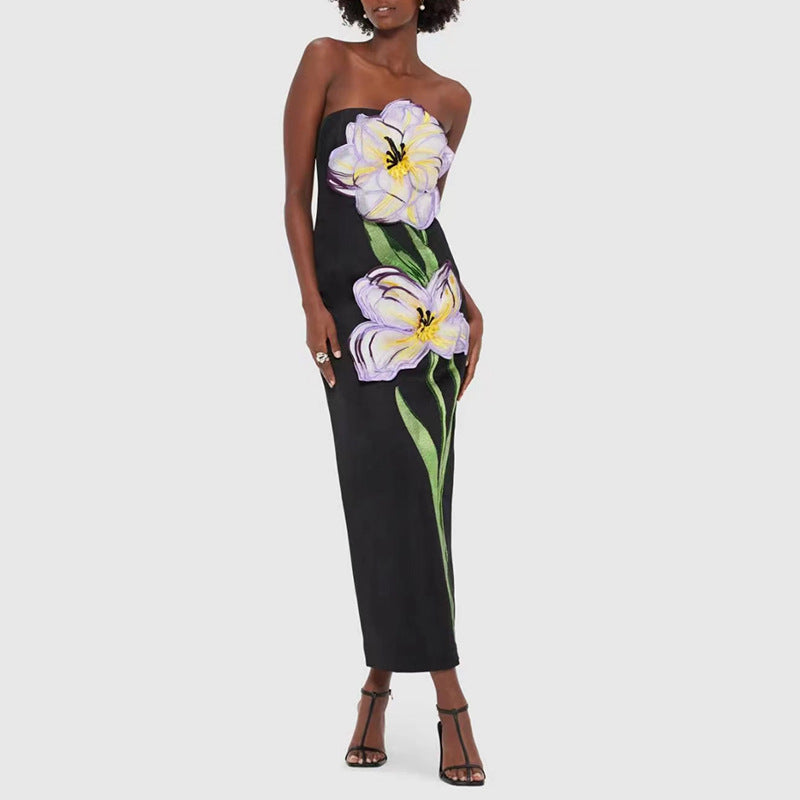Robe longue Socialite Design, bustier brodé de fleurs, sans manches, coupe amincissante, femme
