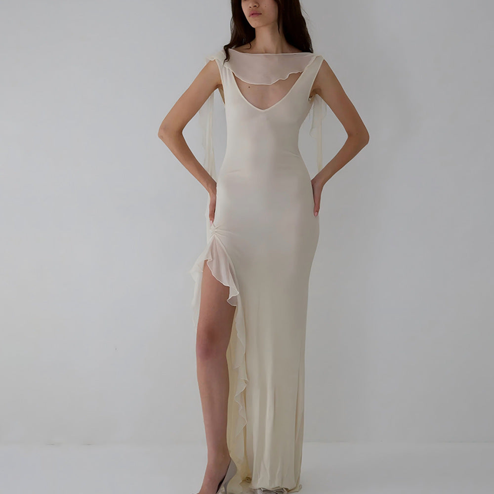 Robe d'été élégante à ruban pour femme, dos nu sexy, fente haute, volants, coupe cintrée