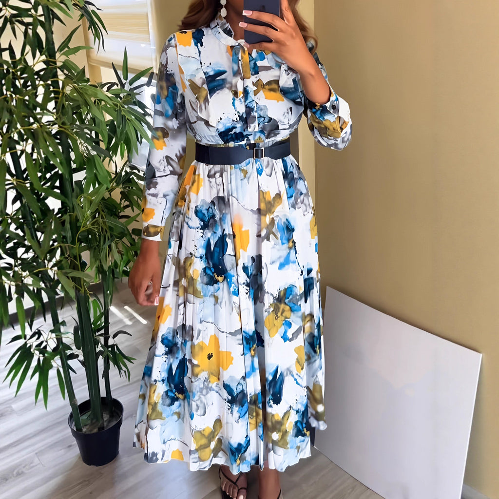 Vestido informal elegante de manga larga con escote en V, estampado y cintura ajustada para vacaciones (sin cinturón)