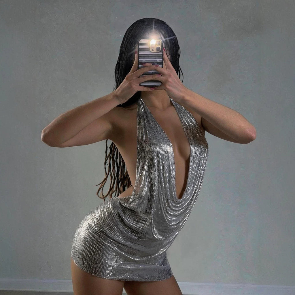 Electronic Music Festival Sexy Glossy Swing Collar Halter Backless Strap Aluminum Sheet Dress