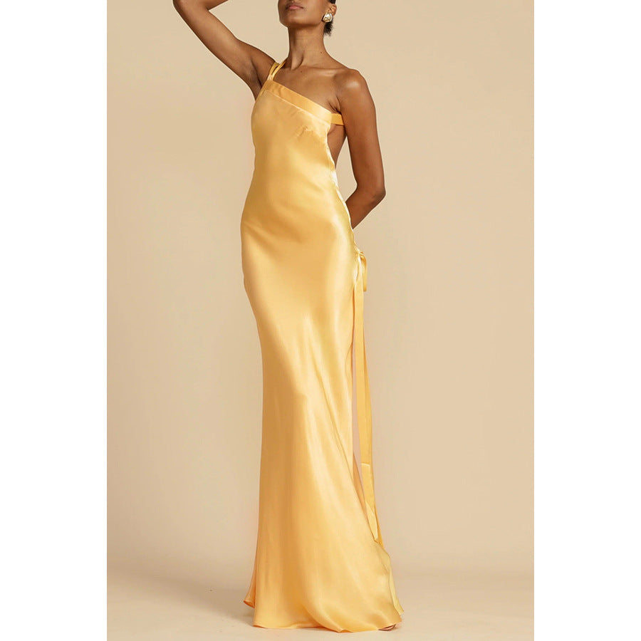 Robe de soirée printemps-été cintrée à épaules dénudées, robe décontractée en satin