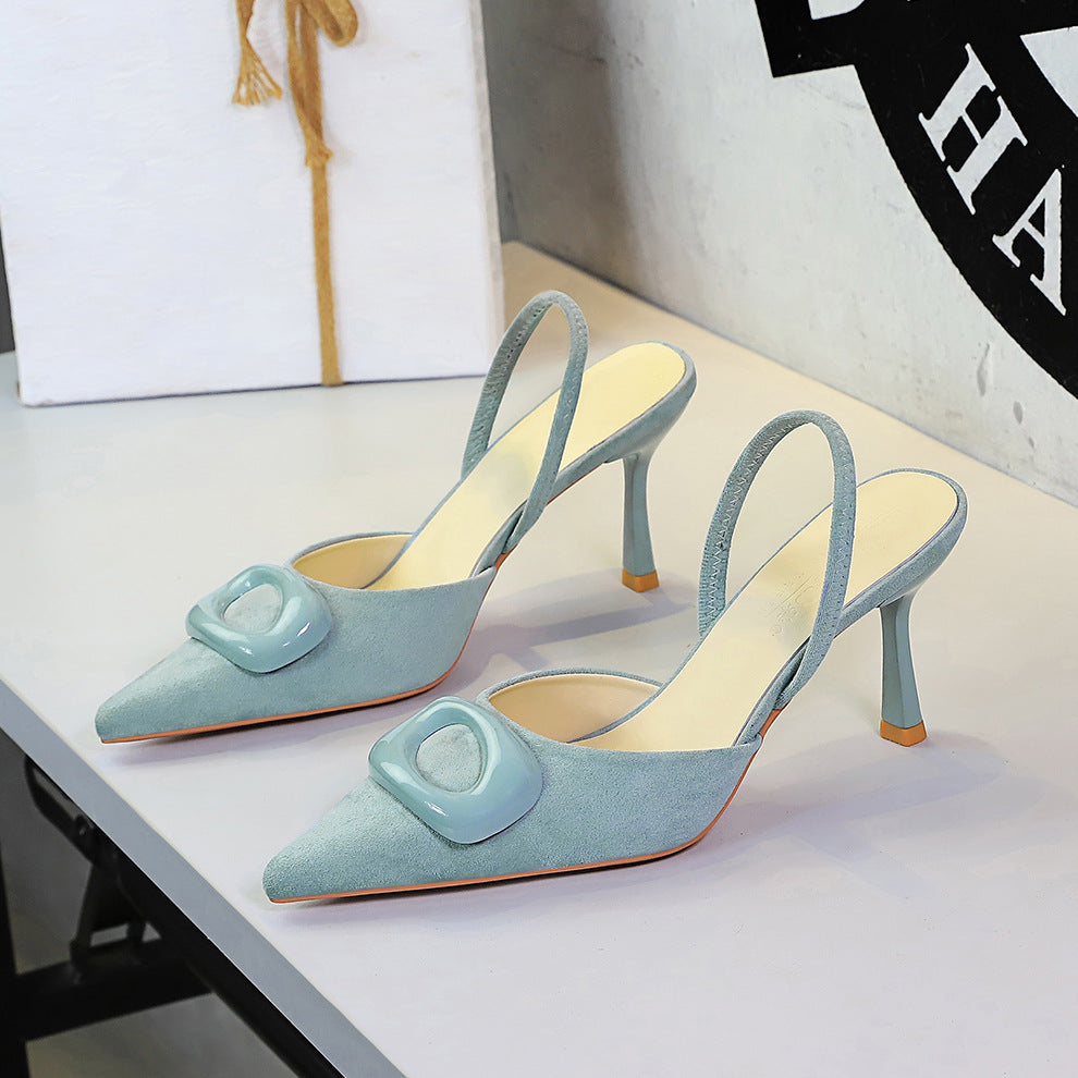 French Office Square Buckle Pointed Toe Suede Small Clear Back Empty Strap Stiletto Heel Women Shoes