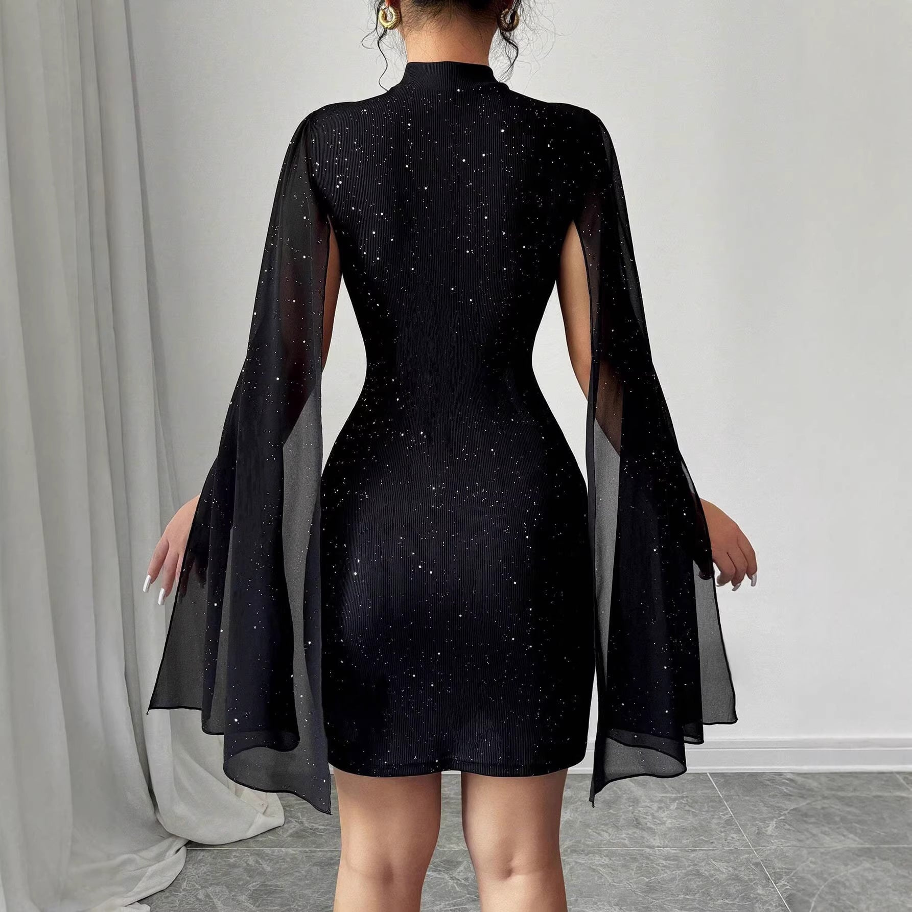 Women Clothing round Neck Sunken Stripe Pearl Chiffon Cape Sheath Dress for Women