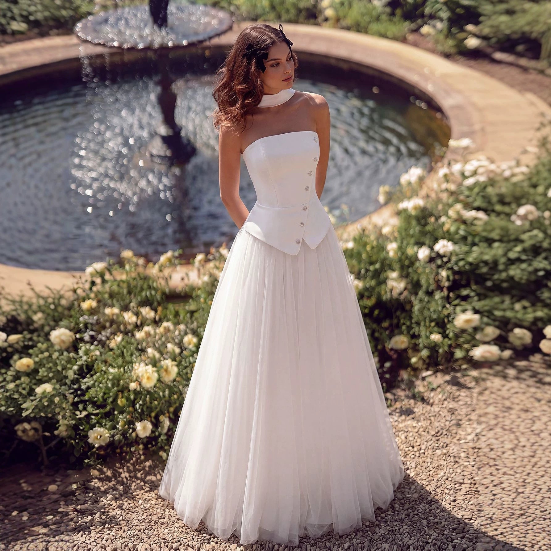 Vintage Girlish White Light Gown Strapless Satin Vest Top Puff Mesh Maxi Dress