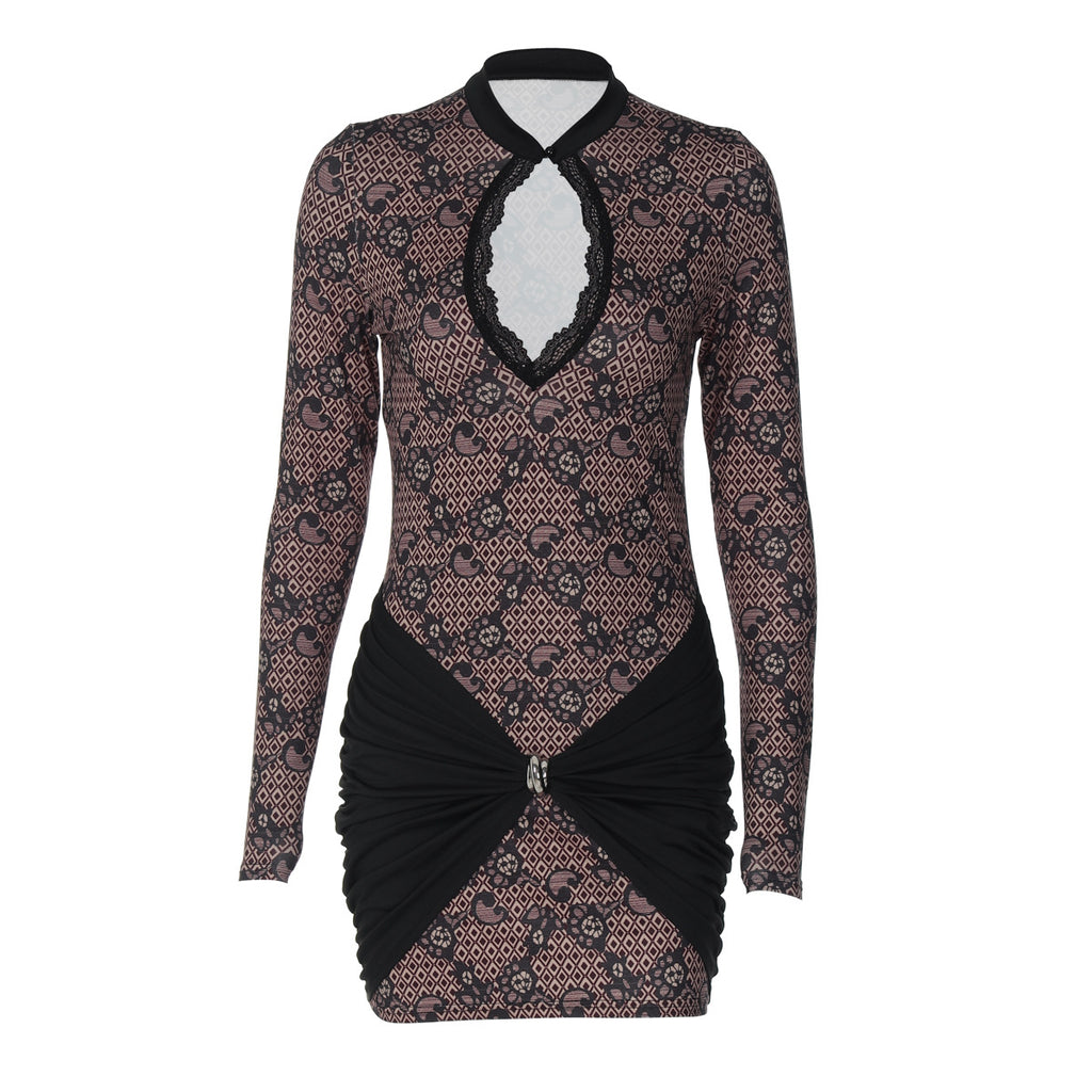 Vestido ajustado con encaje sexy y estampado de invierno para mujer