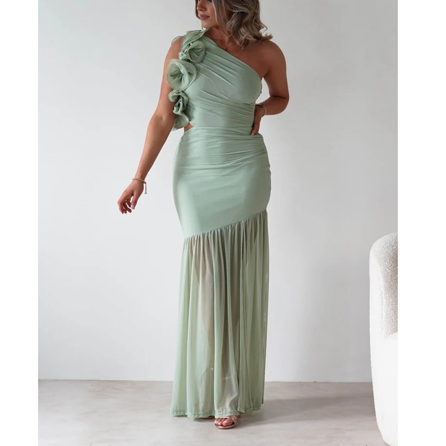 Autumn Winter Hollow Out Cutout out One Shoulder Ruffled Mesh Dress