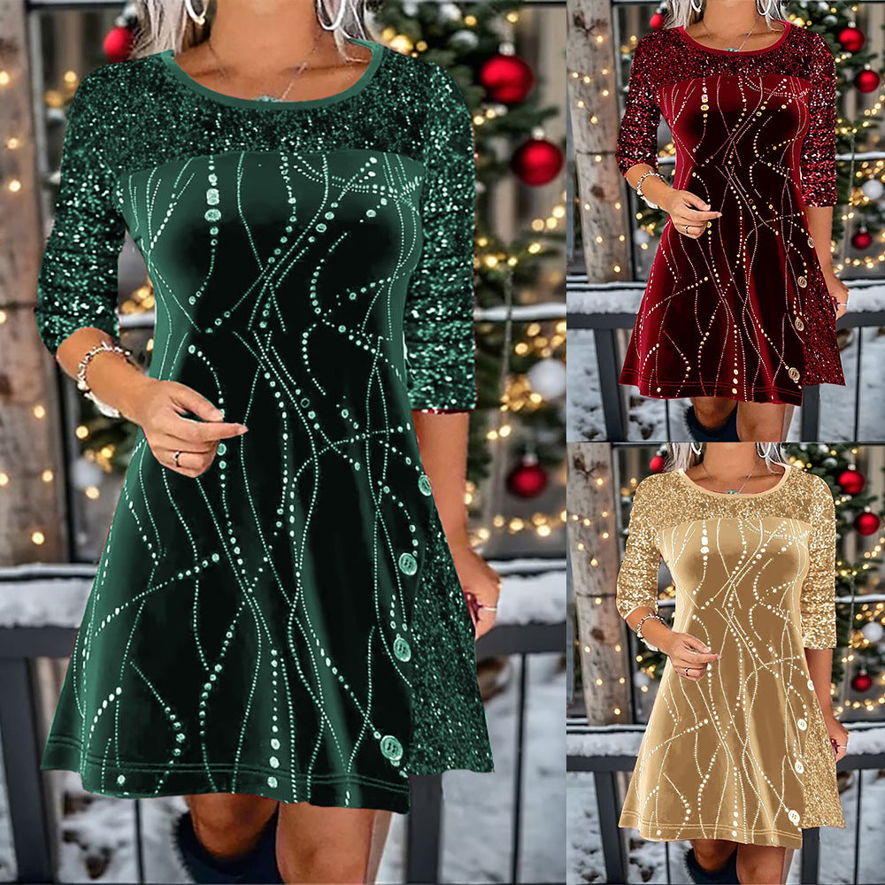 Autumn Winter Solid Color Round Neck Long Sleeve Sequin Stitching A line Dress Women