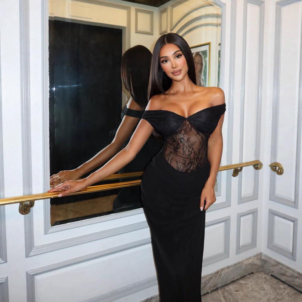 Vestido tubo ajustado con hombros descubiertos y costuras de encaje francés negro sexy para mujer