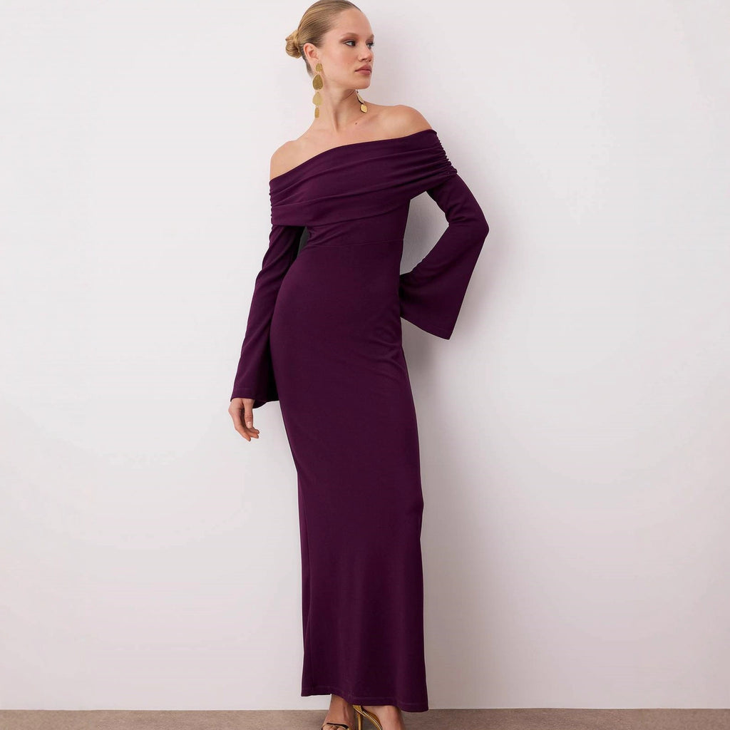 Robe maxi femme sexy unie épaules dénudées plissée manches longues robe automne femme