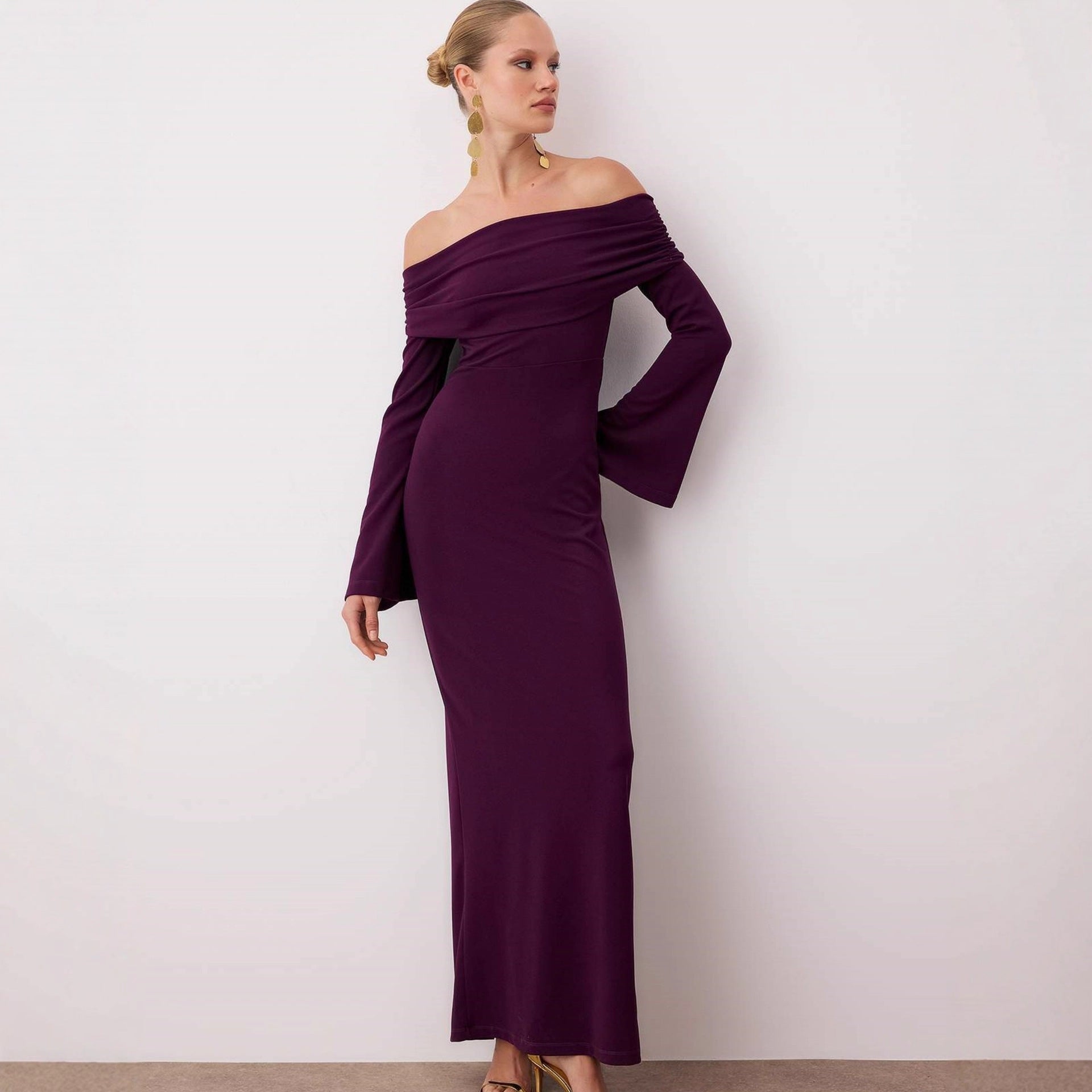 Robe maxi femme sexy unie épaules dénudées plissée manches longues robe automne femme