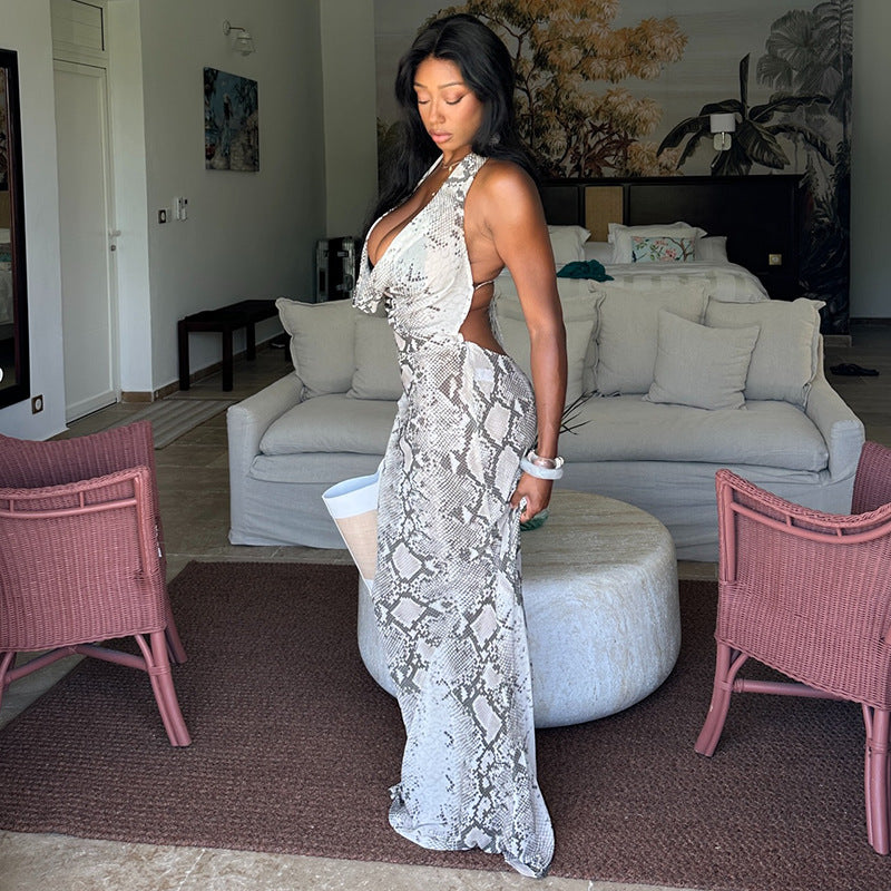 Gray White Printing Women Halter Swing Collar Hip Waist Controlled Low Cut Long Dress