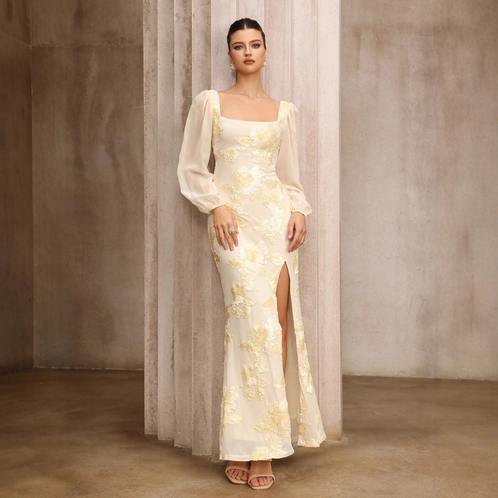 Ropa de mujer Cheongsam Vestido formal Placa Floral Bordado Cuello cuadrado Abertura Vestido de cóctel
