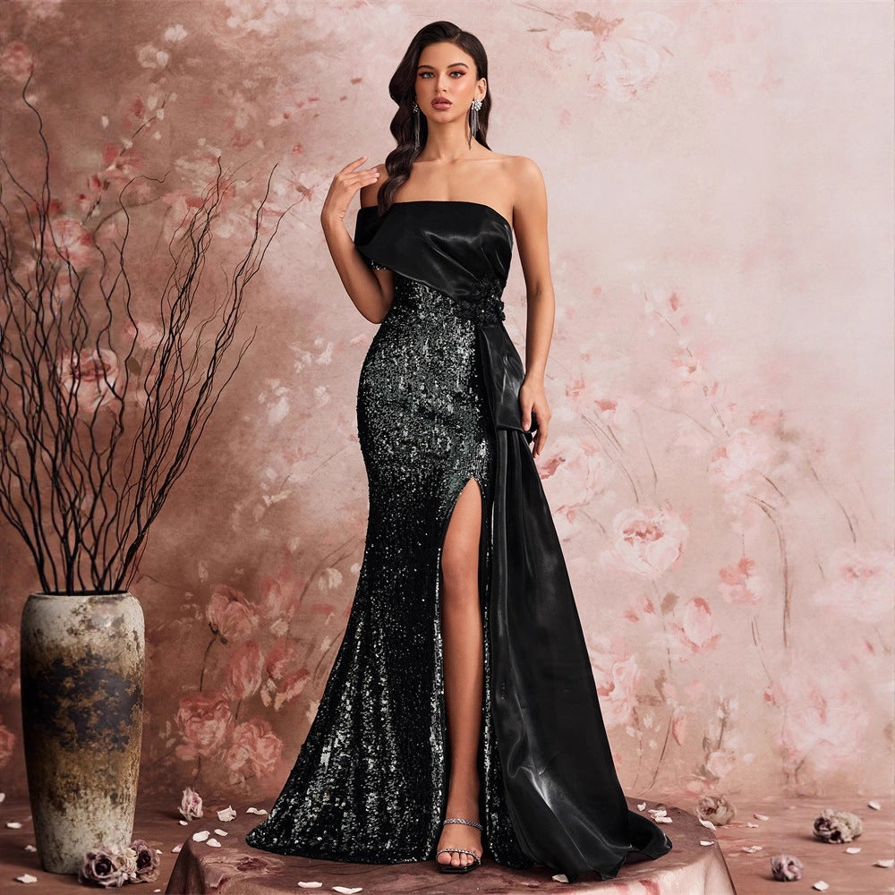 Vestido elegante de fiesta de cóctel con un solo hombro y costuras de lentejuelas para dama de honor