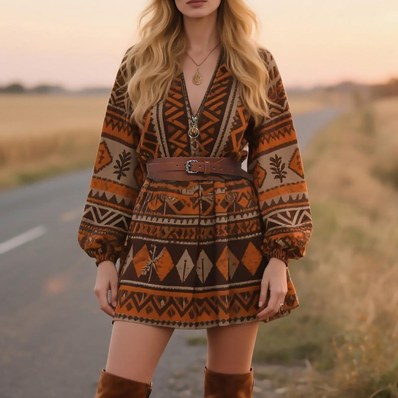 Vestido de manga larga con estampado bohemio para mujer, holgado e informal