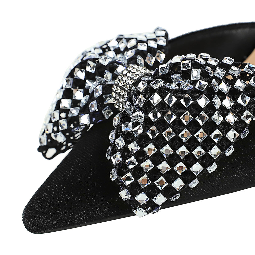 Super Large Rhinestone Bow Pointed Slip on Side Hollow Out Cutout Suede Pumps Women