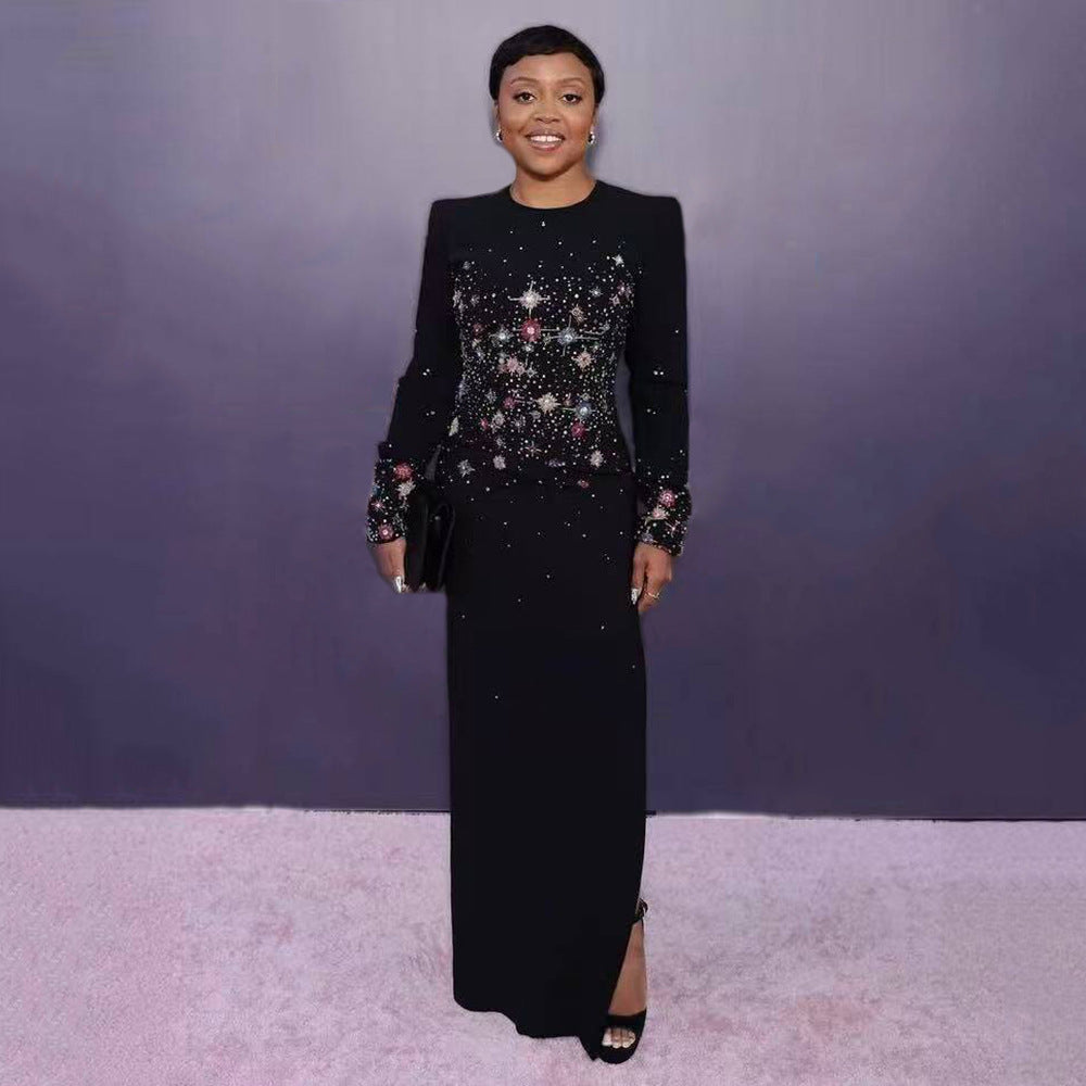 Exquisite Rhinestone Elegant Graceful Long Sleeve Bandage One Piece Dress The Dinner Party Formal Dress