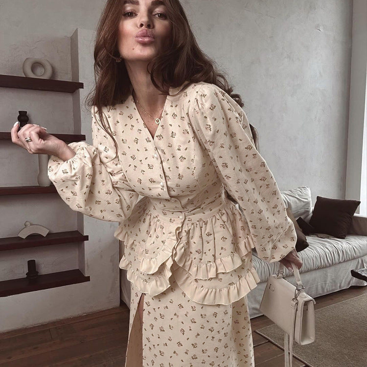 French Design Ruffled Waist Seal Printed V neck Puff Sleeve Elegant Split Dress Women Clothing