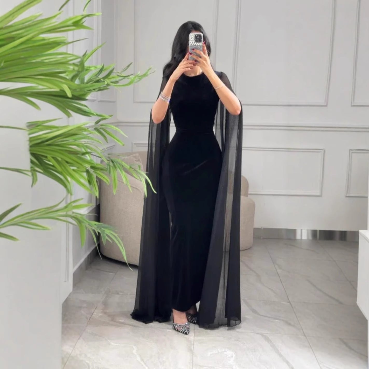 Vestido de terciopelo con mangas abullonadas de Oriente Medio para mujer, otoño e invierno