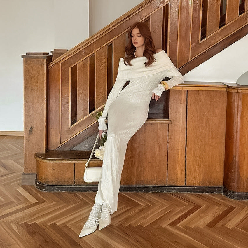 Robe fourreau sexy à épaules dénudées en maille, texture automnale, coupe ajustée, style sirène
