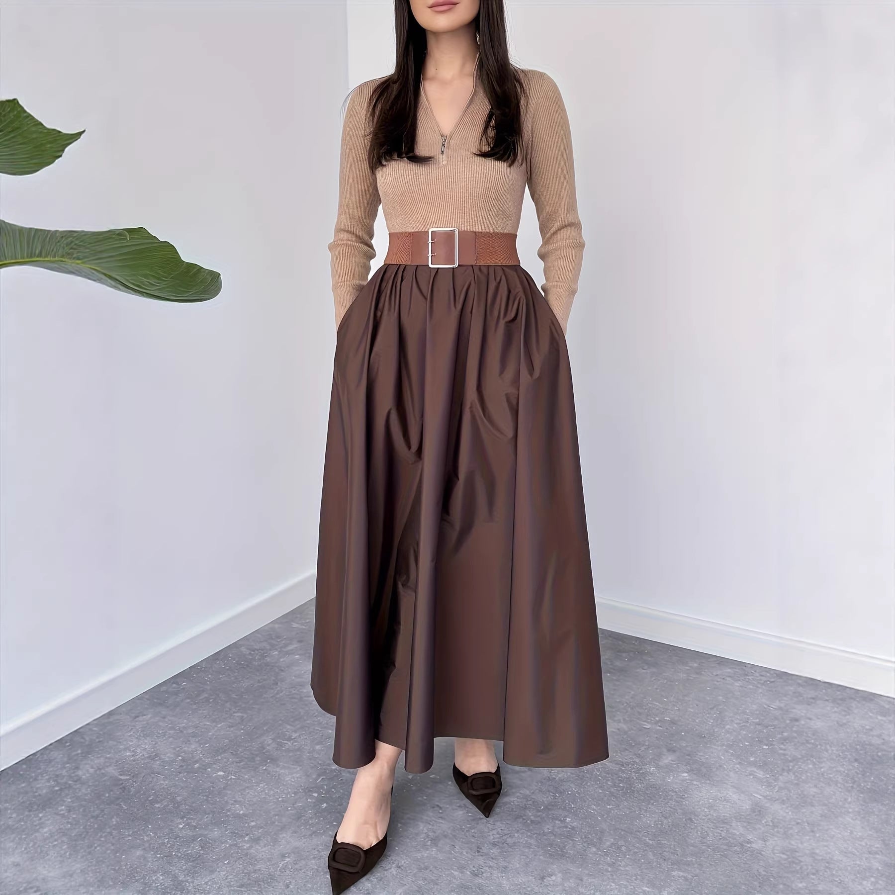 Vestido negro de manga larga estilo francés Hepburn, vestido con cuello en V para principios de otoño.
