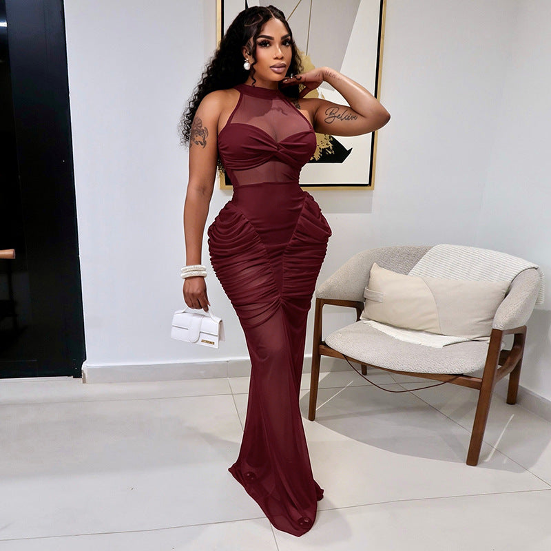 Women Clothing Summer Solid Color Casual Mesh Stitching Sleeveless Twisted Pleated Maxi Dress