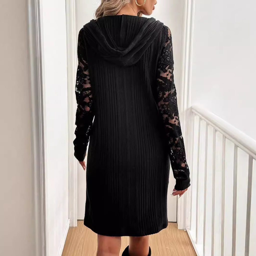 Vestido informal elegante con capucha y mangas raglán de encaje y patchwork para mujer para otoño e invierno.