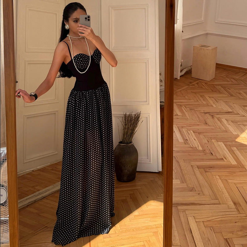 Summer Women Sexy Tube Top Backless Ribbon Polka Dot Printing Slip Dress