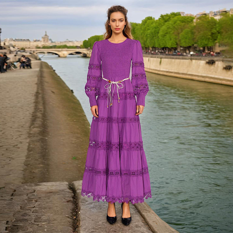 High Grade Dress Spring Hollow Out Cutout out Tied Solid Color Waist Tight Slimming Dress Women