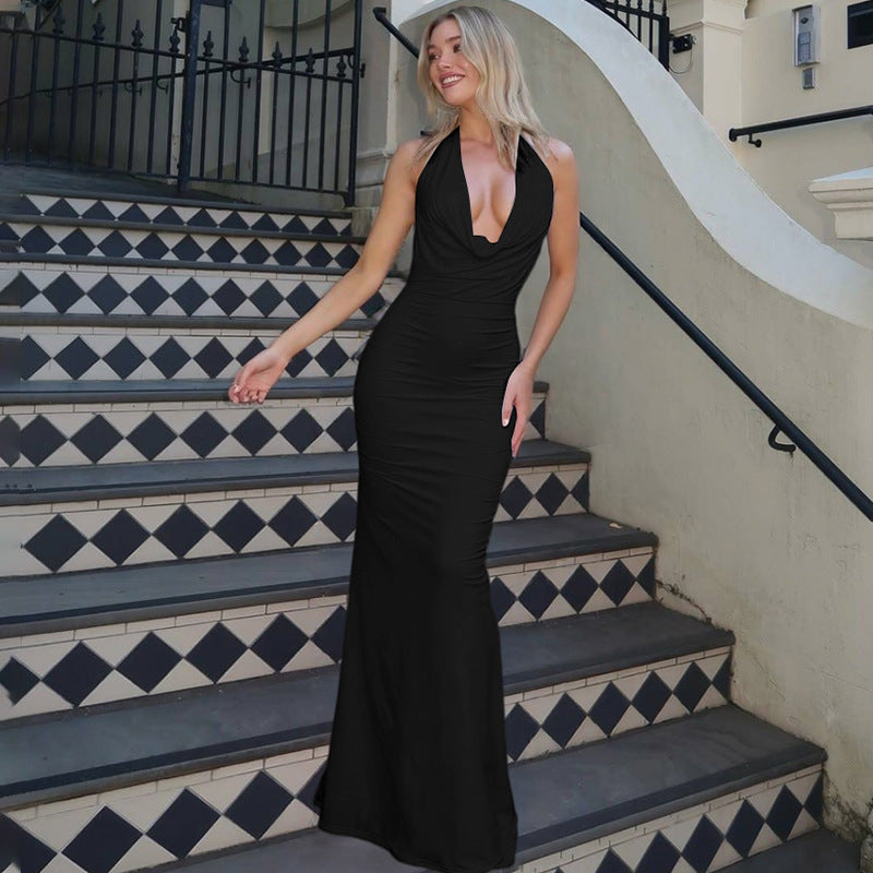 Women Clothing Summer Sexy Deep V Plunge Halter Lace up Backless Sheath Dress