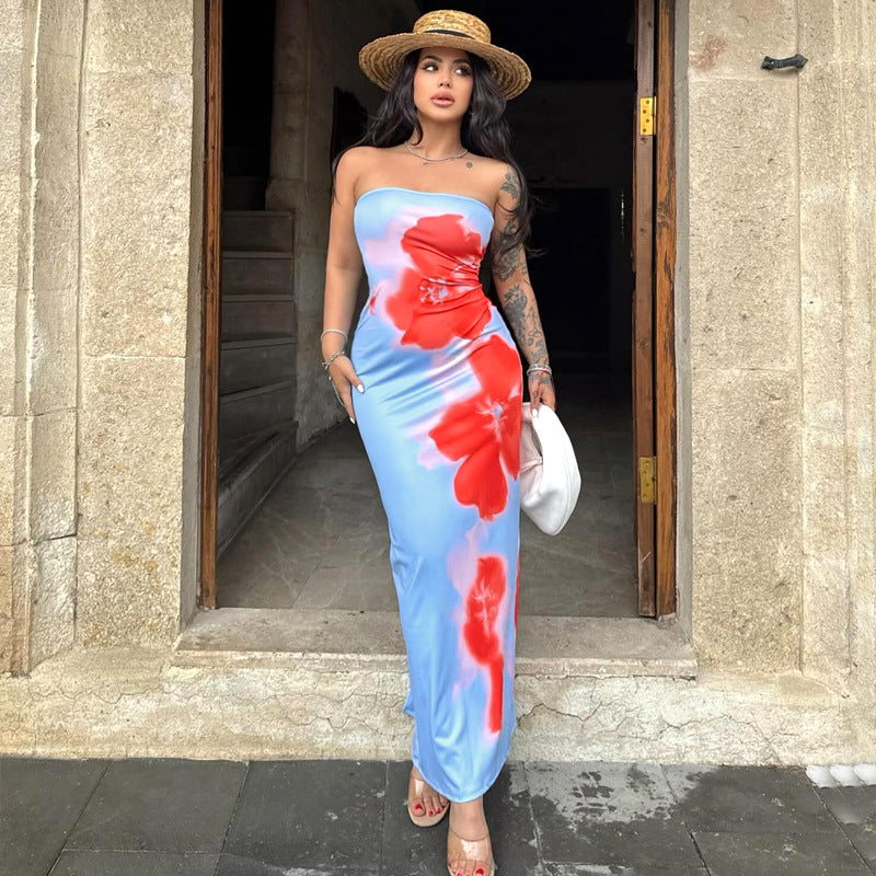 Robe longue d'été pour femme, bustier imprimé floral, coupe ajustée, taille haute et fente