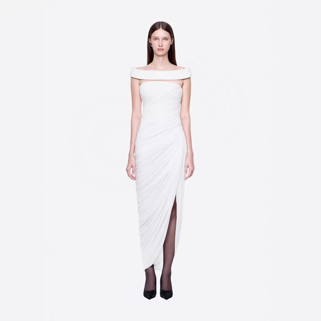 Sexy off the Shoulder Side Slit Draping Effect Pleated Slim Fit Dinner Birthday Party Dress