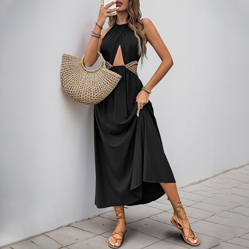 Women Casual Holiday Hollow Out Cutout Ethnic Webbing Decorative Stitching Dress