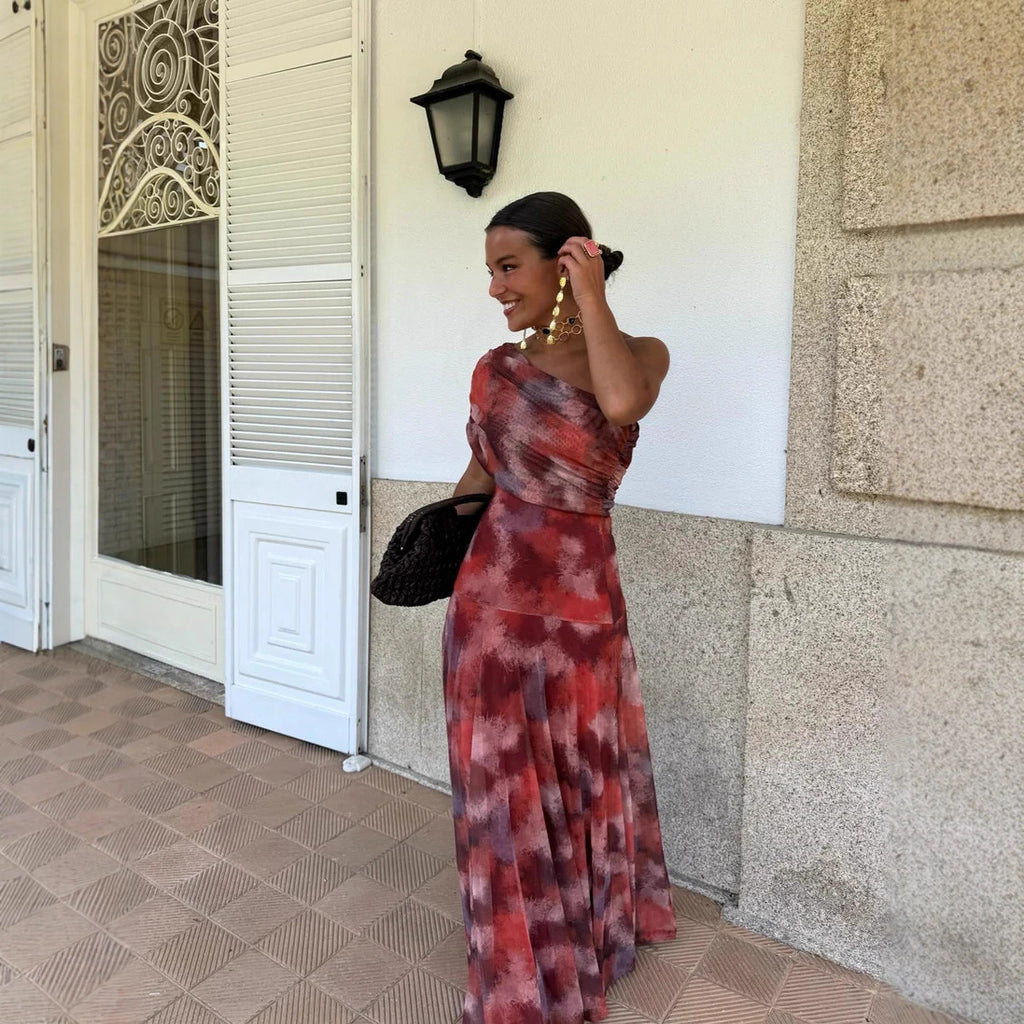 Printed Mesh off Shoulder Vacation Slim Fit Bottoming Dress